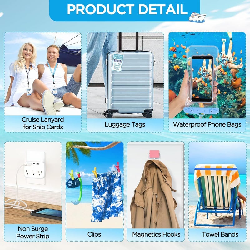FACULX Cruise Ship Essentials 2025, Cruise Must Haves Kits Including Non-Surge Power Strip, Lanyards for Cruise Ship Cards, Luggage Tags, Magnetic Hooks, Towel Bands and Clips for All Cruise Lines - Image 4